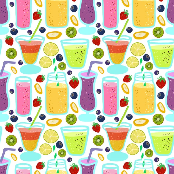 Bright Seamless Pattern Cocktails Juicy Fruit Cartoon Style Decor Fabric — Stock Vector