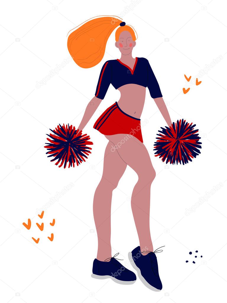 color illustration with the image of a sports girl cheerleader. Sports lifestyle, a drawing drawn by hand in a cartoon style.