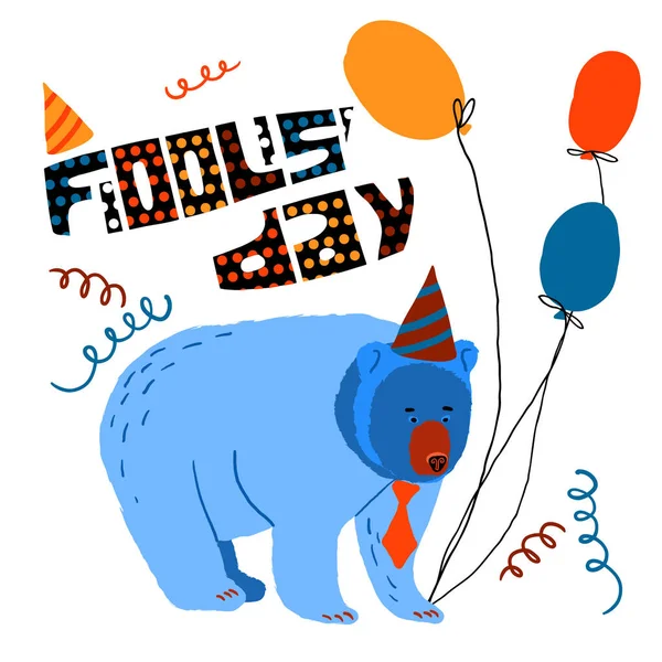 1 Nisan şakası için parlak renkli bir kart. Çizgi film tarzında elle çizilmiş illüstrasyon. Sevimli ayıcık. Komik el yazısı, harfler..