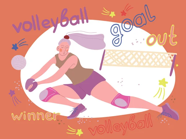 Voleybol oynayan atletik kız. Elle çizilmiş karikatür. Sağlıklı bir yaşam tarzı. Aktif spor.