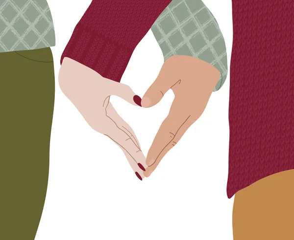 Bir erkek ve kadın eli görüntüsüyle elle çizilmiş renk çizimi. Çizgi film grafikleri. Yazdır, afiş