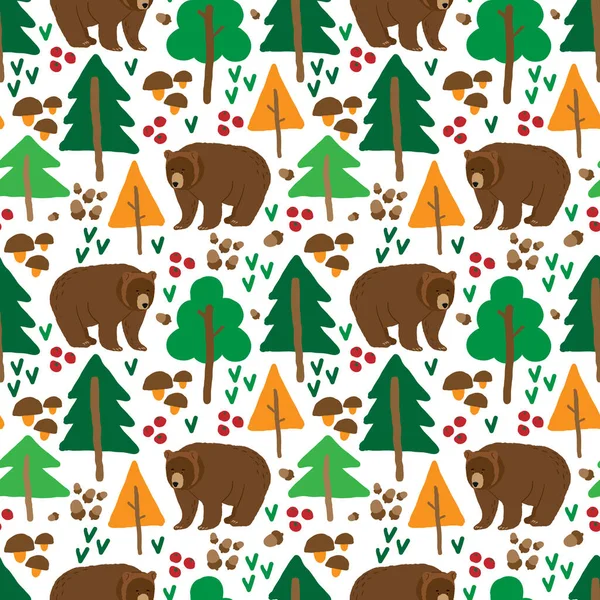 Ormandaki kahverengi bir ayının görüntüsüyle elle çizilmiş kusursuz bir desen. Çizgi film tarzı. Çocuk tekstil ürünleri, duvar kağıdı veya ambalaj kağıdı için dekor