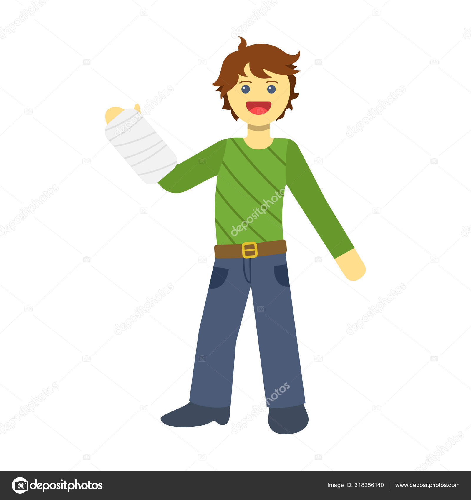 Smiling Cartoon Young Man Hand Bandage Green Shirt Long Sleeves