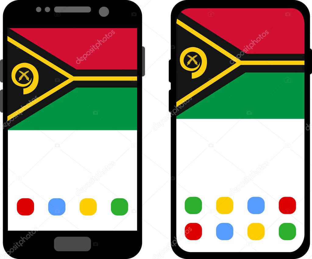 Two black smartphones with a home screen and wallpaper with the flag of Vanuatu: old model with gray buttons and new model without buttons. Vector graphics, illustration