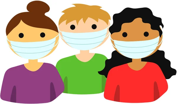Three young cartoon people in medical masks: girl in purple and with a bun on her head, boy in green and black skin girl in red with wavy black hair. Vector graphics, illustration