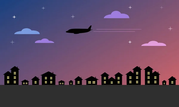 Blue and violet landscape of the sunset sky with clouds and stars and the silhouettes of a flying plane with two lane contrail and city houses with bright windows. Card. Vector graphics, illustration