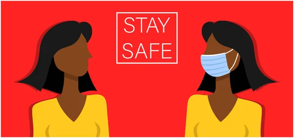 红色长方形海报 上面印有白色题词 注意安全 黑色头发 黄色衬衫和她的倒影的黑人女孩 戴着医疗面具的同一个女人 矢量图形 — 图库矢量图片