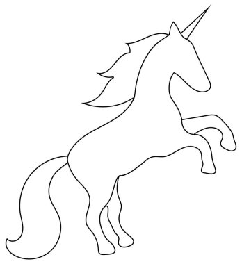 Siyah bir taslak, çizgi film şablonu ve yelesi akan tek boynuzlu bir atın silueti boş. Beyaz arka plan. Vektör grafikleri, illüstrasyon