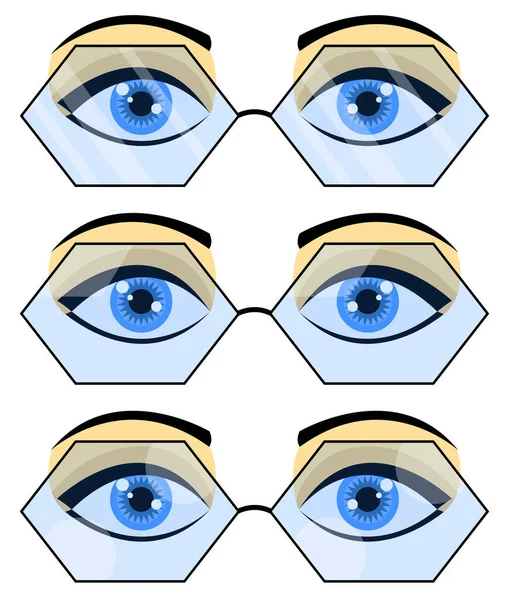 Conjunto Tres Pares Hermosos Ojos Azules Femeninos Gafas Forma Hexágono — Archivo Imágenes Vectoriales