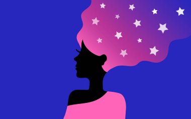 Uzun mavi-pembe saçlı, siyah siluet kadın profili yavaş yavaş arka planla birleşiyor, saçlarında yıldızlar, pembe tek omuzlu bluz, uzun kirpikleri var. Mavi arka plan. Grafikler, resimleme