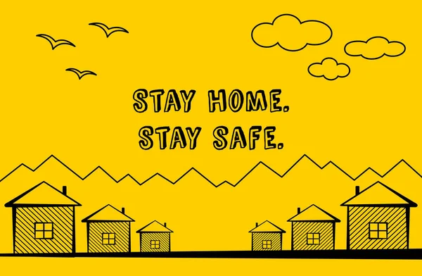 黄色海报 黑色题词 待在家里 呆在安全的地方 在漫画书的风格 鸟类和云彩的阴影轮廓 矢量图形 — 图库矢量图片
