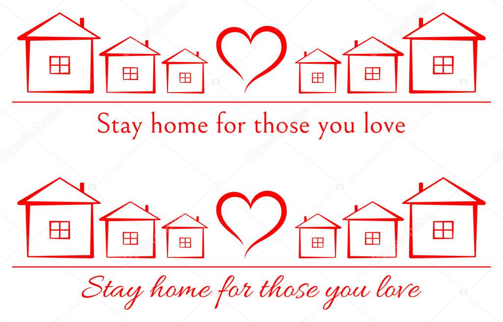 Red line silhouettes of houses with heart in the middle, line under them, two variants of lettering inscription, simple and handwritten: 