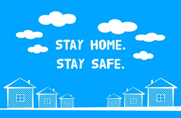 蓝色海报 上面写着 待在家里 呆在安全的地方 房屋和云彩的阴影轮廓 矢量图形 — 图库矢量图片