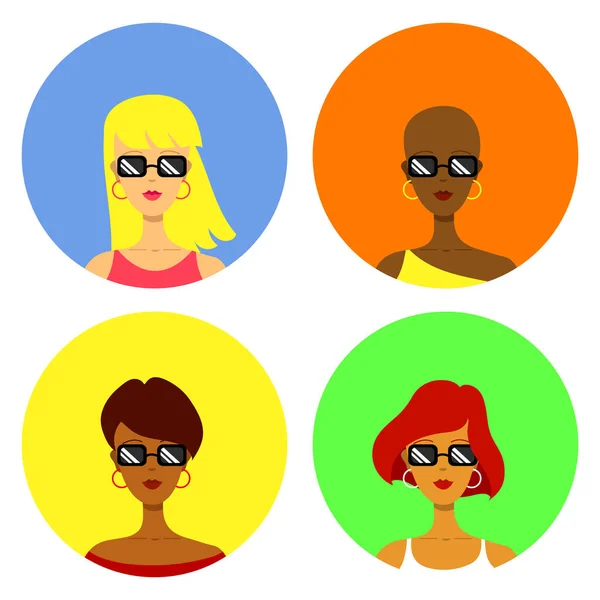 Conjunto Quatro Ícones Redondos Com Retratos Mulheres Com Óculos Sol — Vetor de Stock