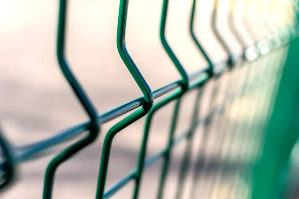 Metal çitlere yakın çekim. Bölge çitleri, yeşil çitler..