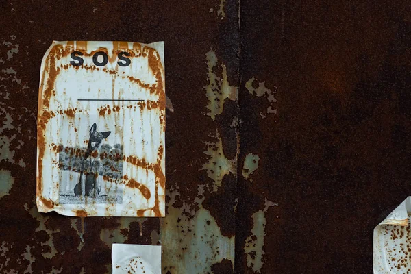 Paslı metale yapıştırılmış eski kağıt reklamı. Yakın plan..