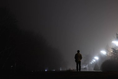 Akşam vakti sisli bir sokakta, sırtında ceketiyle dikilen bir adam... ağaçların ve çalıların arka planında beyaz lambalarla aydınlatılıyor..