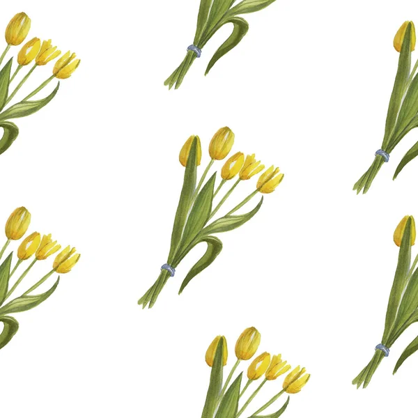 黄色郁金香图案白色背景隔离物体水彩画 — 图库照片