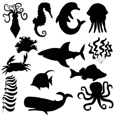 black ocean  animals and fish isolated on white background