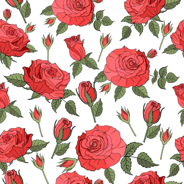 stock image pattern of red roses and green leaves on white