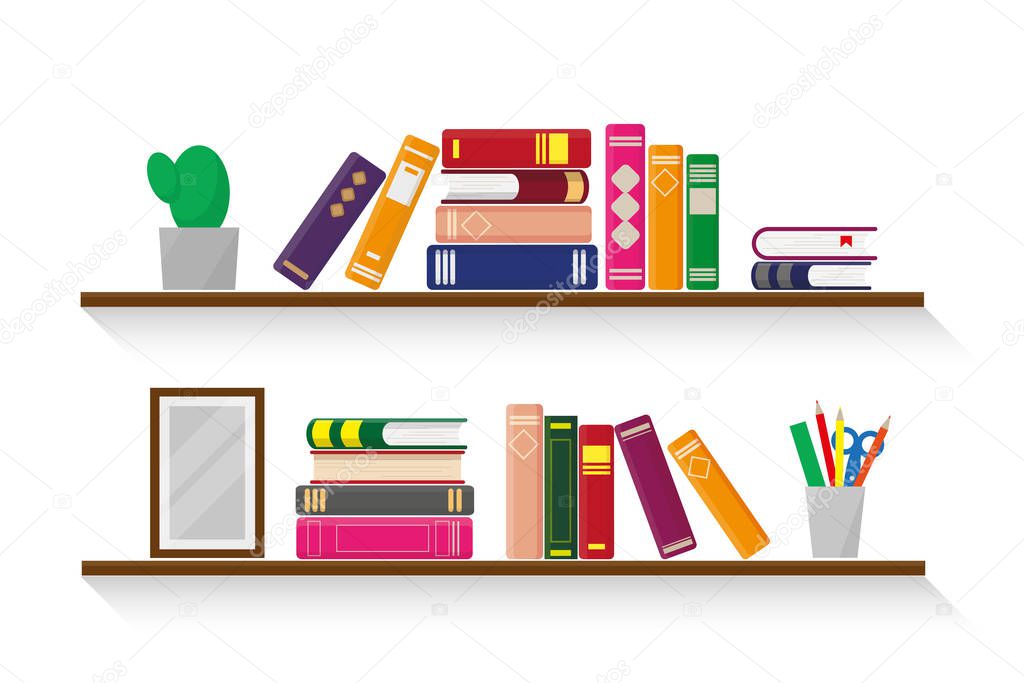 Two wooden shelves with books. Vector illustration.