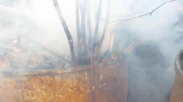 在铁桶里烧木头 — 图库视频影像