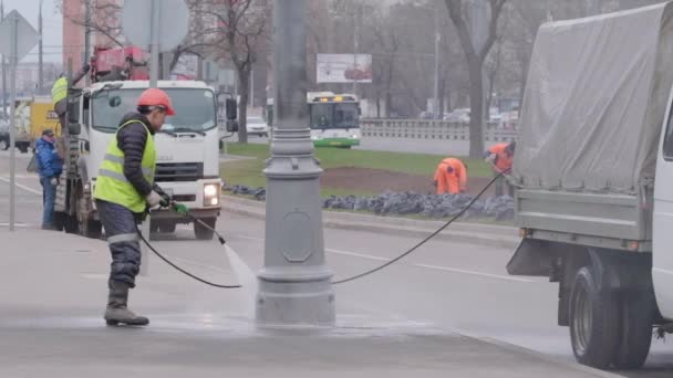 Sanitär Behandling Stolpar Östra Moskva Karantänen Covid 2020 120 Fps — Stockvideo