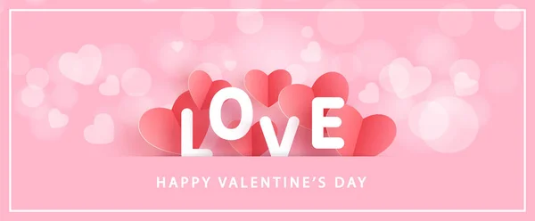 Valentine Day Banner Heart Paper Cut Craft Style — Stock Vector