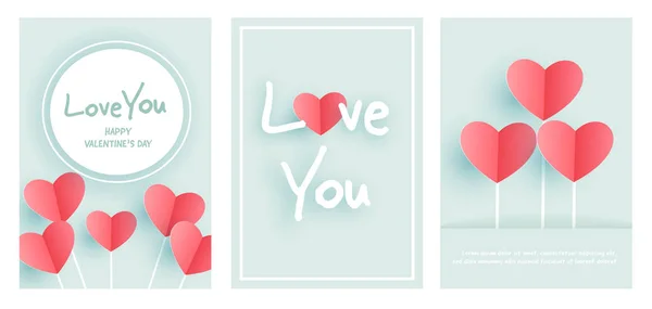 Conjunto Tarjeta Felicitación San Valentín Con Corazones Estilo Corte Papel — Vector de stock