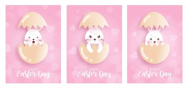 Conjunto Tarjetas Pascua Con Conejos Lindo Conejito Huevos Corte Papel — Vector de stock