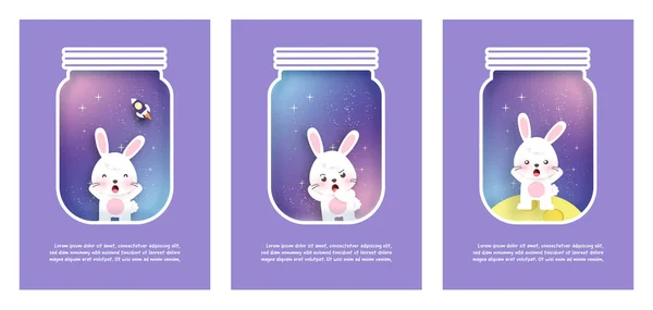 Galaksi Arka Planında Sevimli Tavşanlar Olan Bir Kart Seti Kağıt — Stok Vektör