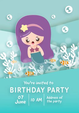 Doğum günü partisi davetiye şablonu Okyanusun altında küçük şirin bir deniz kızı .