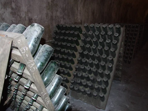 Botellas Vino Están Madurando Bodega — Foto de Stock