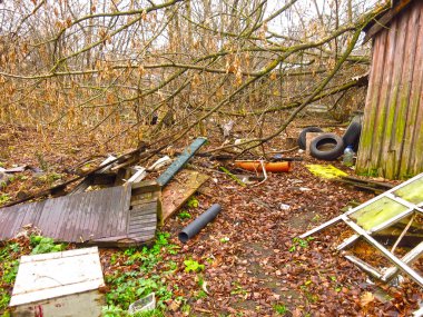 Sonbaharda terk edilmiş evde çöpler, etrafta eşyalar var.                 
