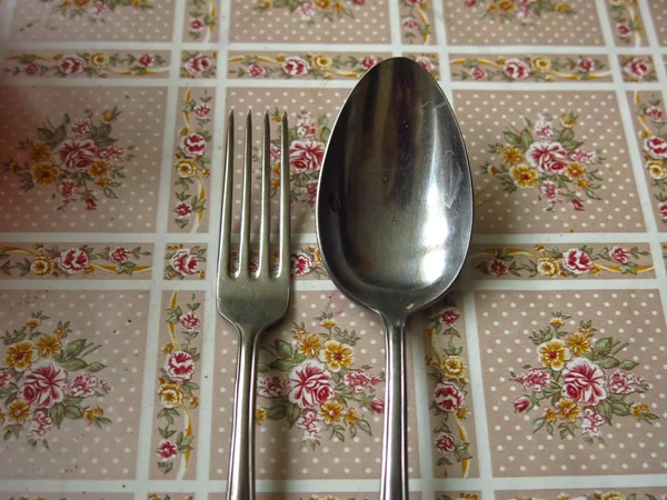 Cuchara Tenedor Están Mesa Antes Cena — Foto de Stock