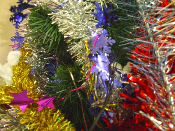 Ouropel Colorido Guirlandas Luzes Neve Algodão Árvore Natal Soviética — Fotografia de Stock