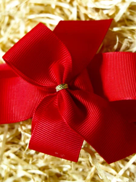 red Christmas gift bow on a background of sawdust