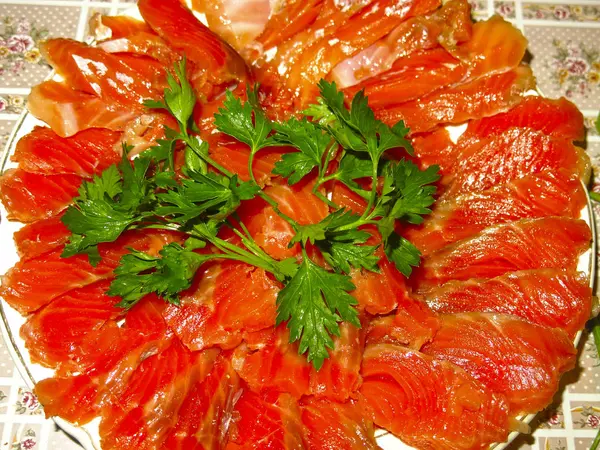 Red Fish Trout Pink Salmon Cut Pieces Greens Plate Holiday — 스톡 사진