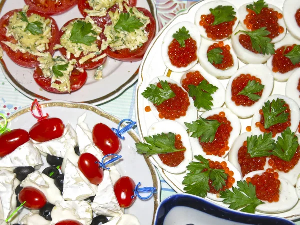 Festive Table Set Sliced Meat Canapes Cheese Olives Caviar Eggs — Stock Photo, Image