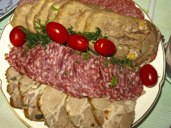 Festive Meat Cuts Beef Tongue Salami Sausage Ham Pork Cherry — Stock Photo, Image