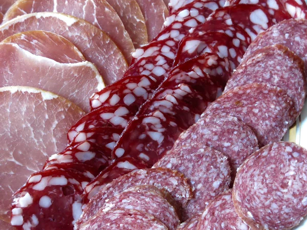 Homemade Meat Plate Holiday Salami Sausage Ham — Stock Photo, Image