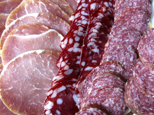 Homemade Meat Plate Holiday Salami Sausage Ham — Stock Photo, Image