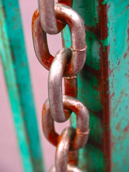 Una Cadena Acero Gris Oxidada Cuelga Puerta Verde —  Fotos de Stock