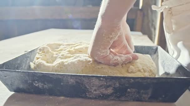 Padeiro Littlr preparando pão na bandeja de cozimento na casa de madeira — Vídeo de Stock