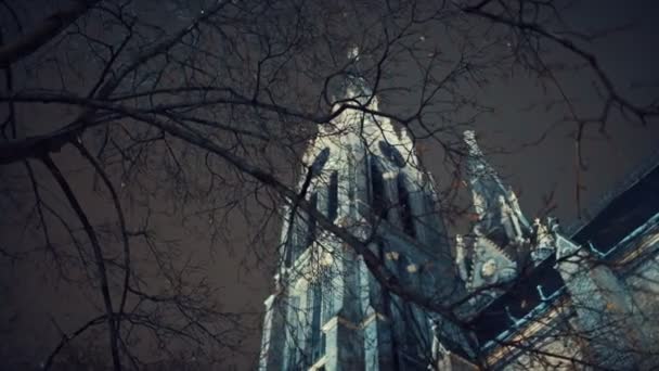 PRAGUE, RÉPUBLIQUE TCHÈQUE - 24 DÉCEMBRE 2016 : impressionnante façade de la cathédrale gothique Sainte-Ludmila à Prague, en République tchèque, la nuit — Video