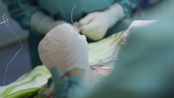 Estudiantes practicando costura durante la cirugía — Vídeos de Stock