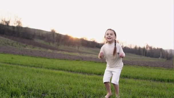 Молодая девушка прыгает в поле — стоковое видео