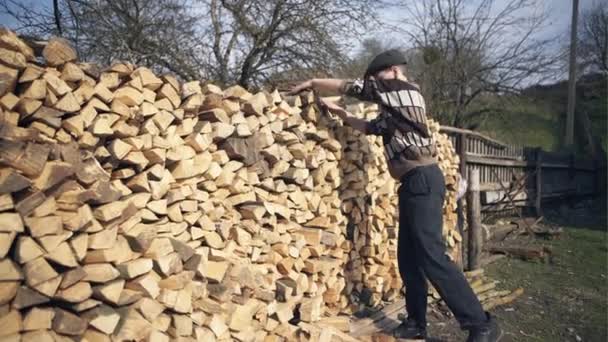 Мальчик кладет деревянное топливо в стопку — стоковое видео