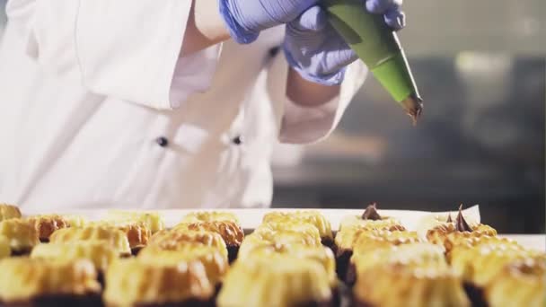 Boquilla de comida apretando relleno en cajas de pastelería — Vídeos de Stock