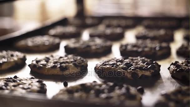 Μπισκότα τσιπ σοκολάτας που στοιβάζονται σε ένα πιάτο σε συνθήκες χαμηλού φωτισμού — Αρχείο Βίντεο